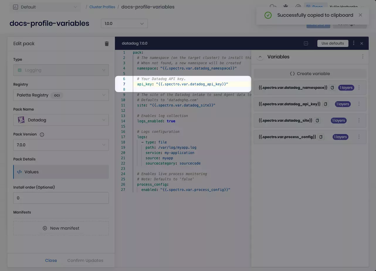 Palette YAML editor with the added profile variables.