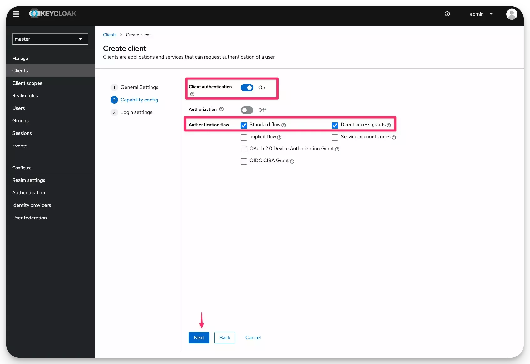 Client Authentication creation screen number two